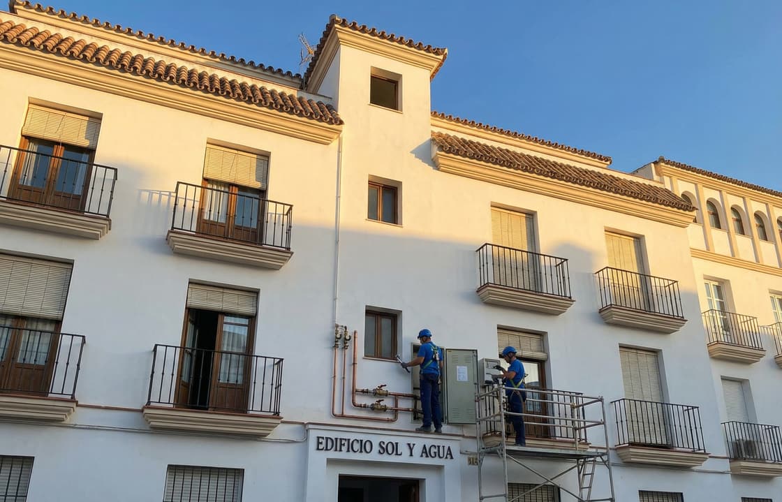 Operarios trabajando en la instalación de agua de la fachada de una comunidad de vecinos